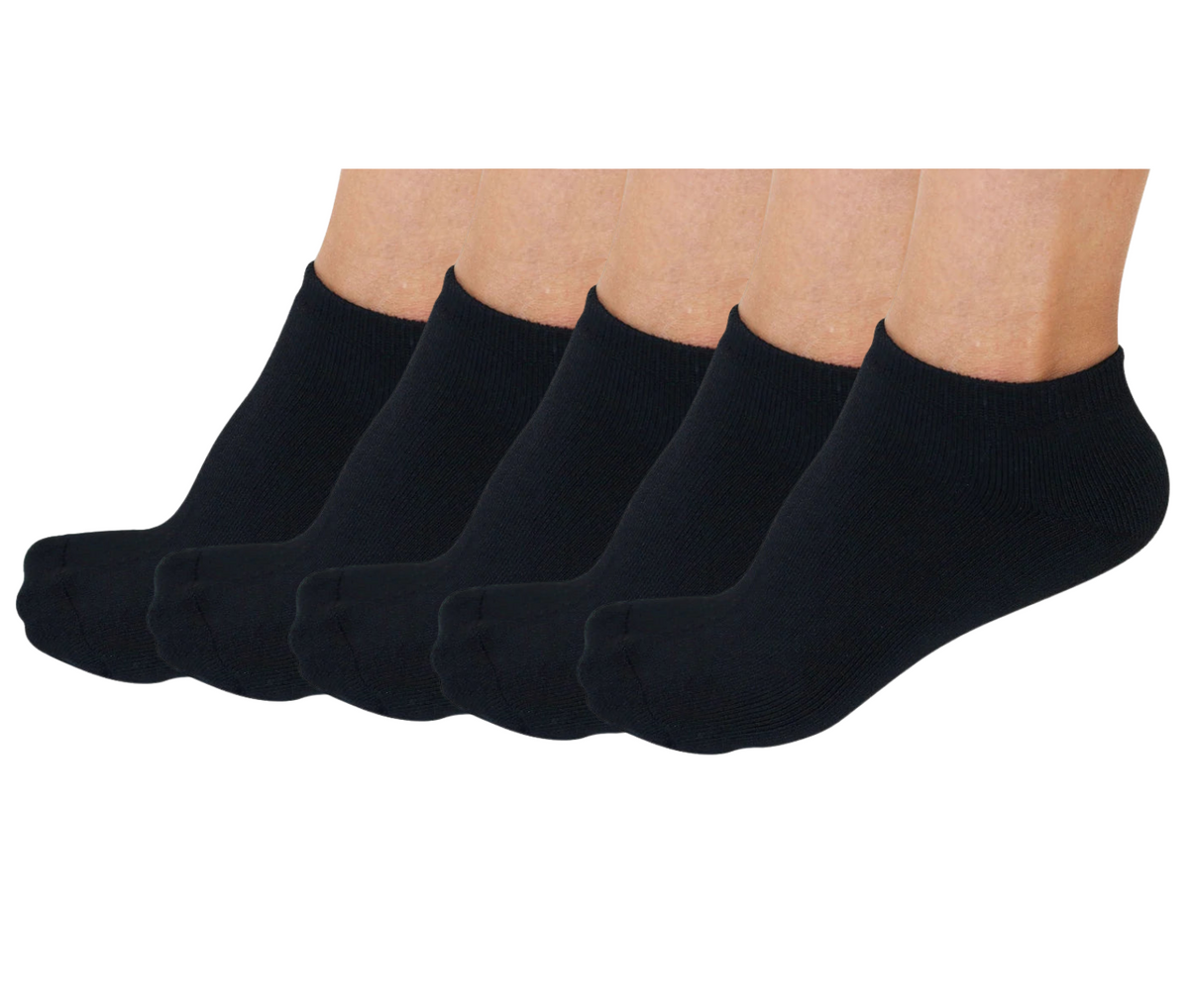 Five-pack of black unisex no-show anklet socks in bamboo viscose