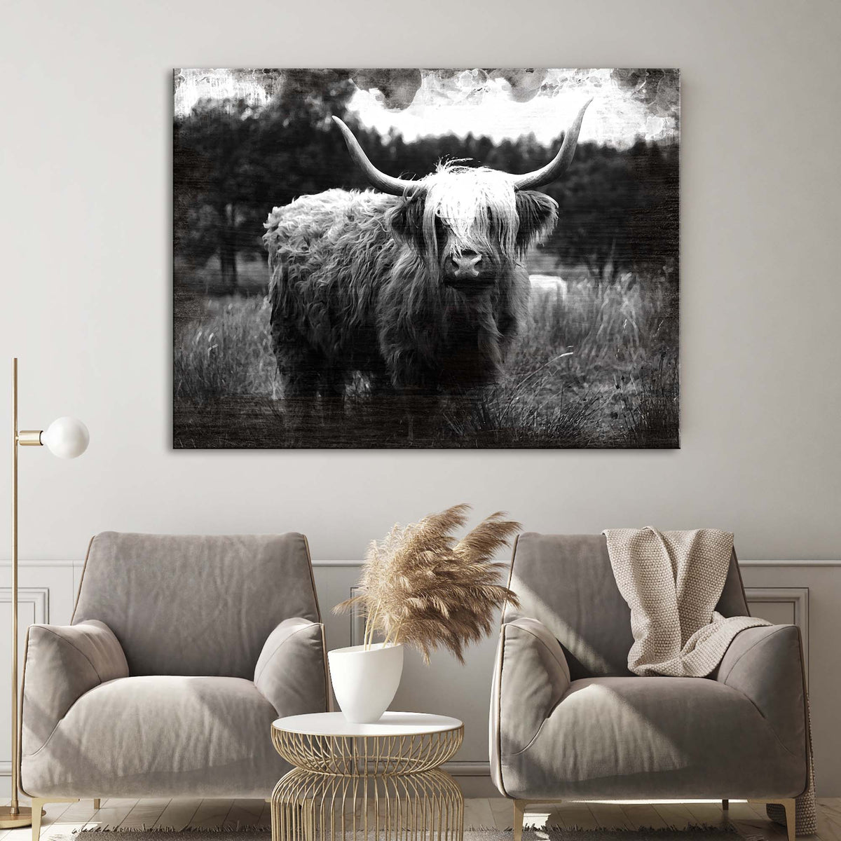 Highland Cattle Monochrome Canvas Wall Art by Tailored Canvases