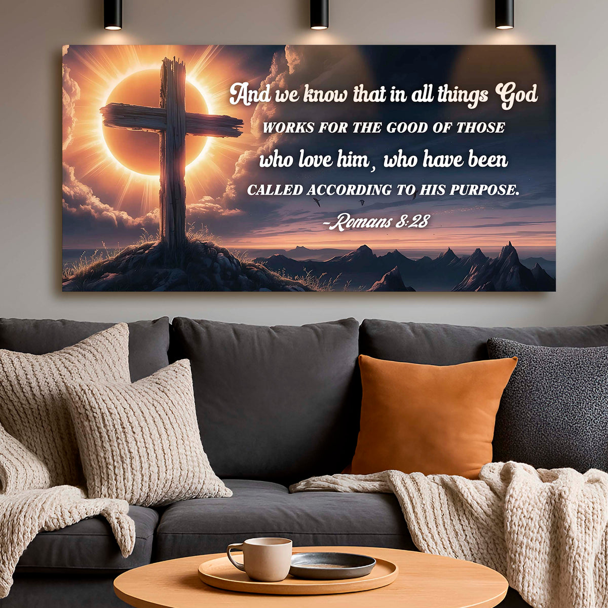 Romans 8:28 - God Works For The Good Faith Sign by Tailored Canvases