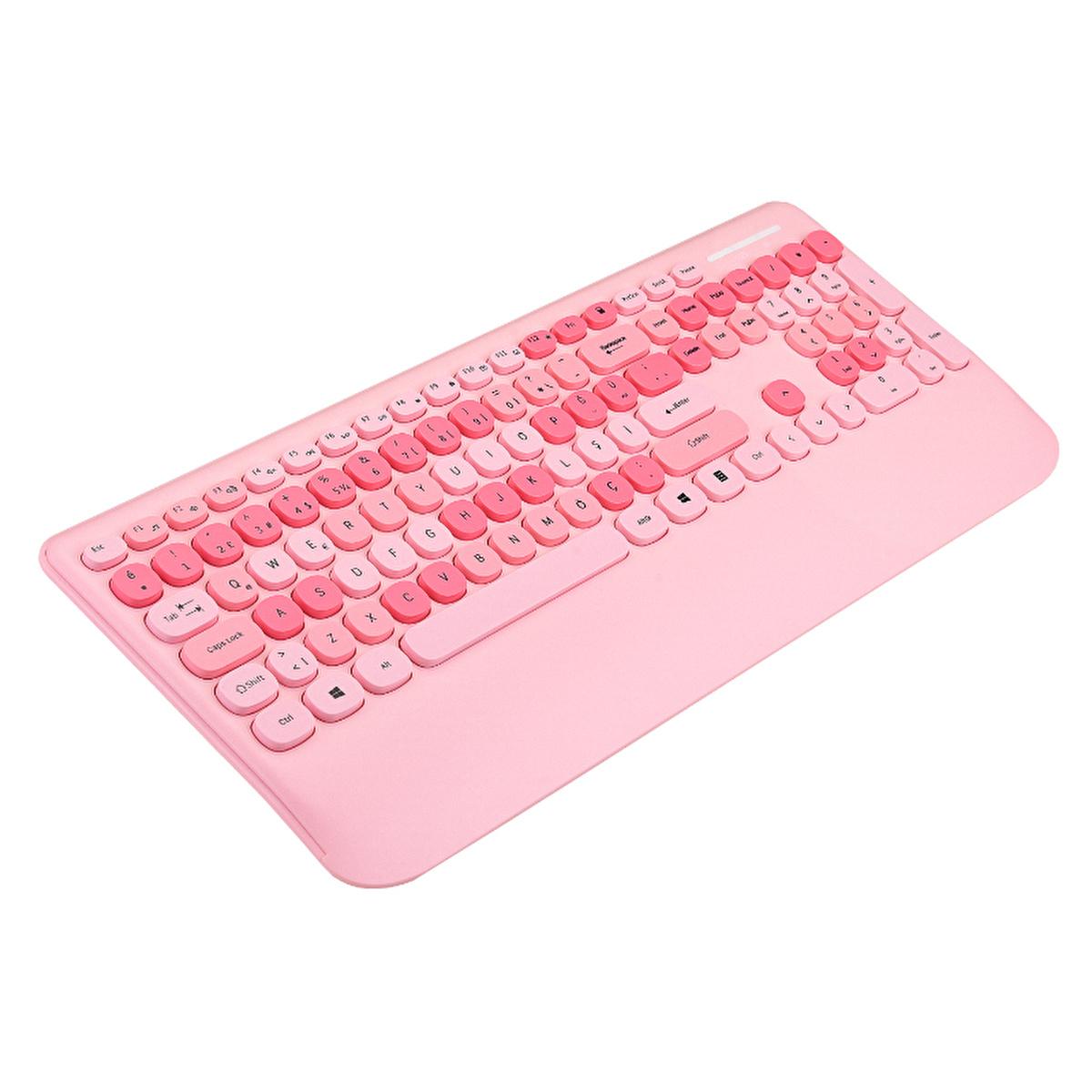 Everest Wireless Keyboard and Mouse Set - 2.4Ghz Wireless Combo, TR Layout Keyboard, 1600 DPI Mouse, Ergonomic Wrist Rest - Everest Renkli Tuşlu Pembe Kablosuz Q Multimedia Klavye + Mouse Set by Beauty Care Bag