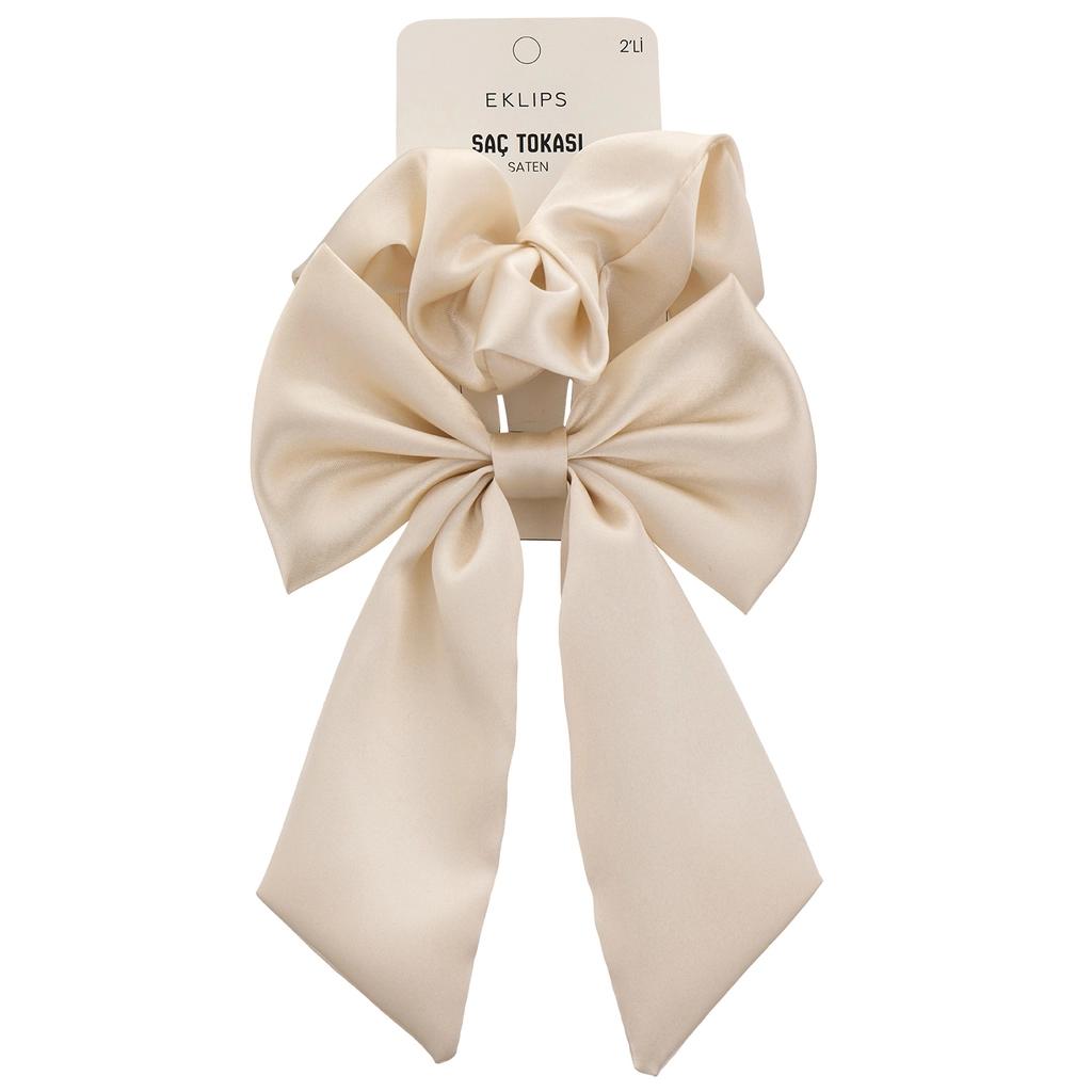 Eklips Cream Satin Scrunchie Set Gentle Hair Ties 2-Piece by Beauty Care Bag