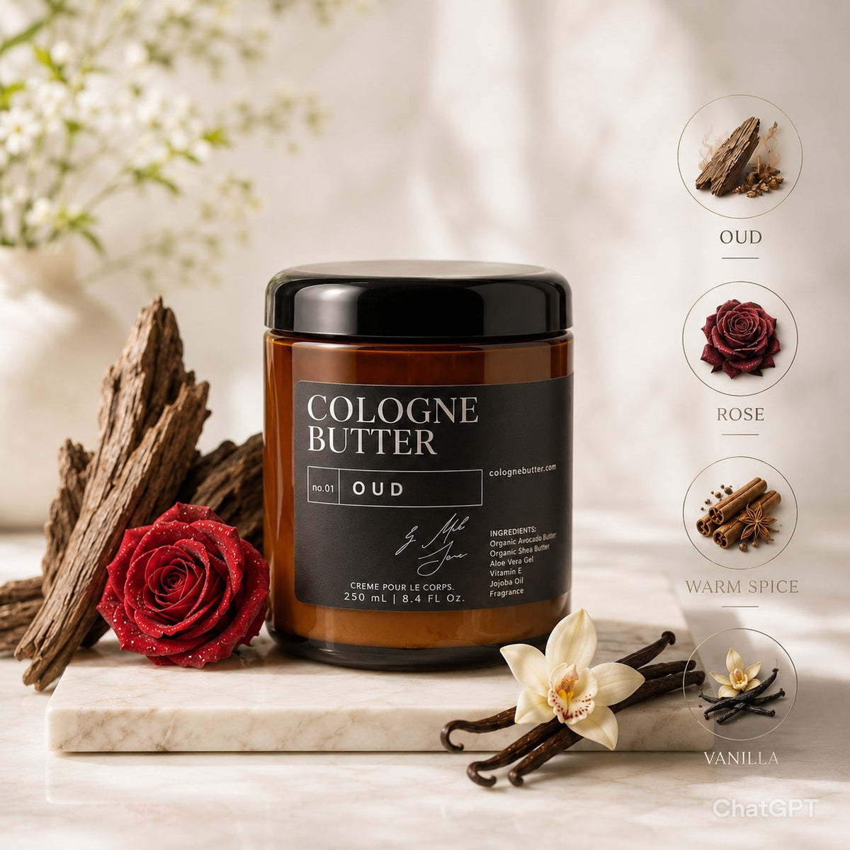 OUD - Luxury Fragrance Body Butter – Oud, Rose & Warm Spice Scent Moisturizing Skin Butter | Cologne Butter by CB