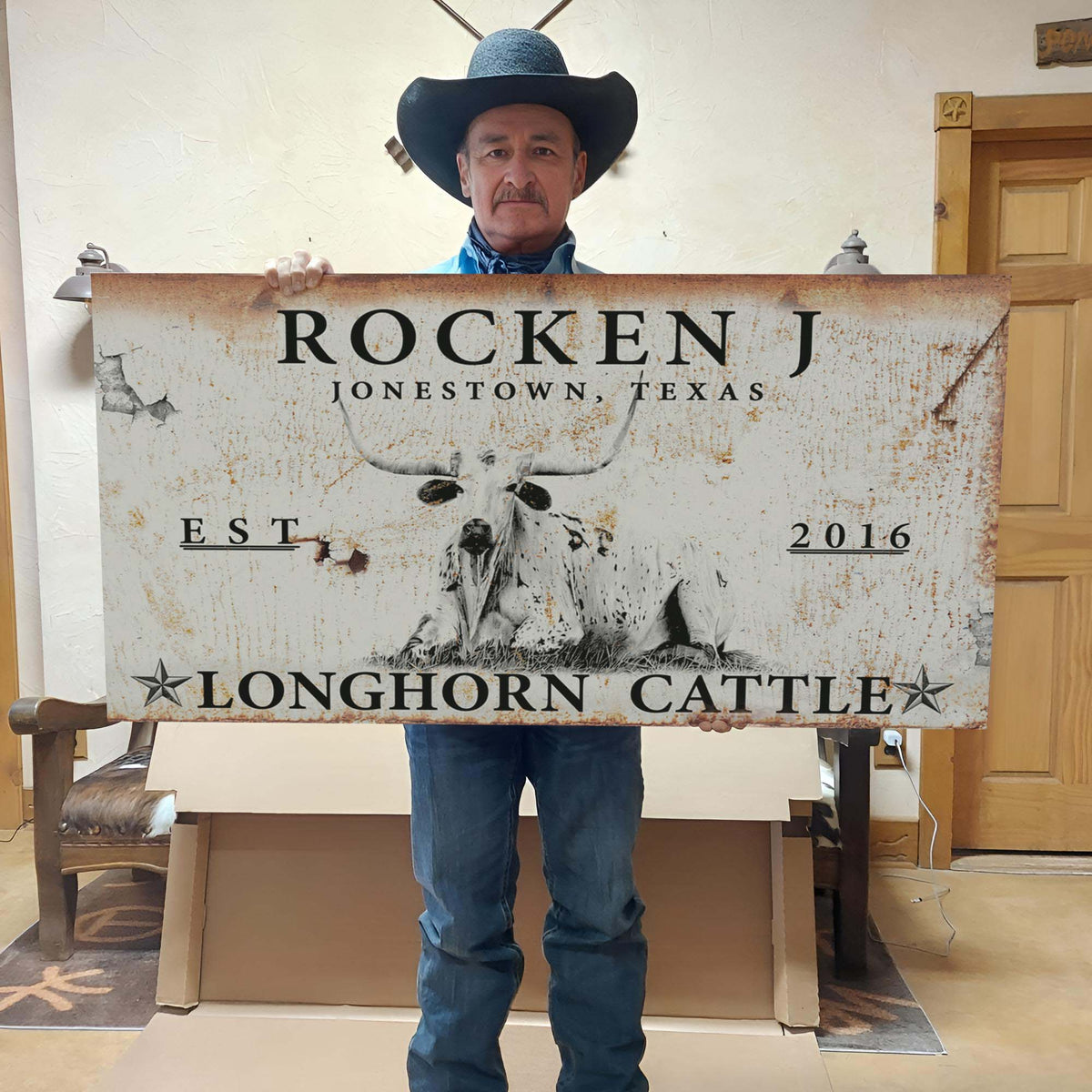 Longhorn Rustic Cattle Sign by Tailored Canvases
