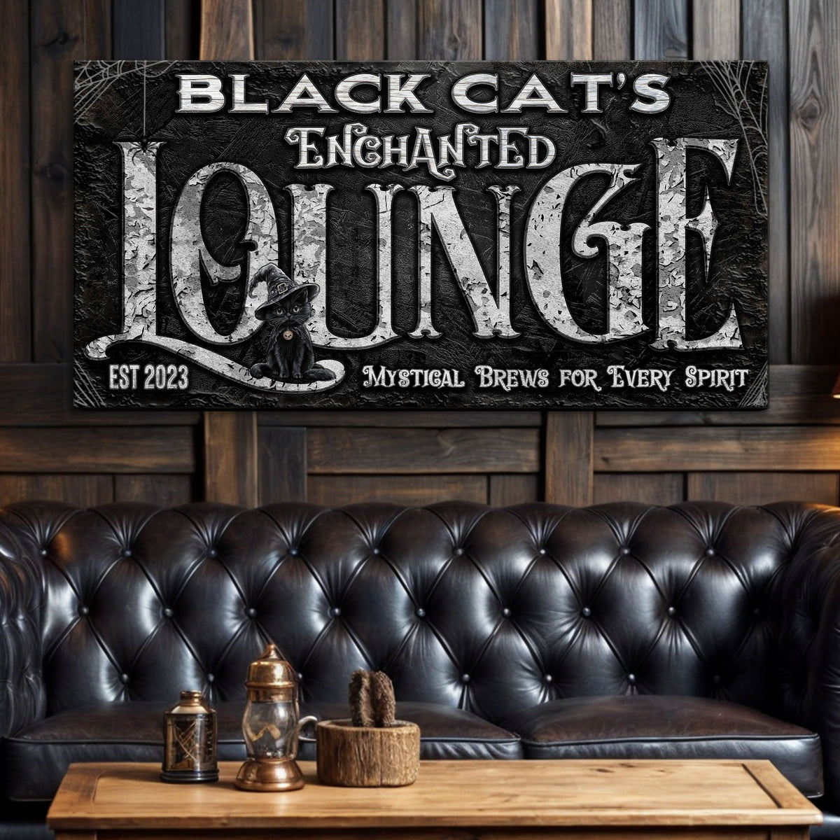 Black Cat's Enchanted Lounge Halloween Sign by Tailored Canvases