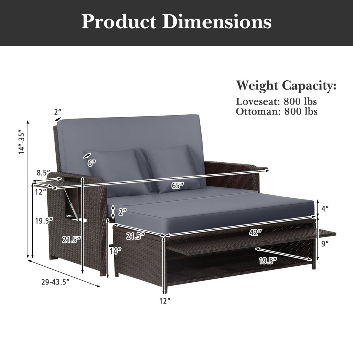 Outdoor Rattan Daybed with Adjustable Backrest & Ottoman by DirectDeals