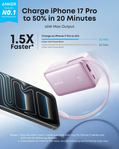 Anker Nano Power Bank (10K, 45W, Built-In Retractable USB-C Cable) by Anker