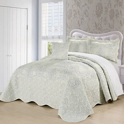 Queen size Antique White Damask Embroidered 4 Piece Oversized Bedspread Set by HomePacific
