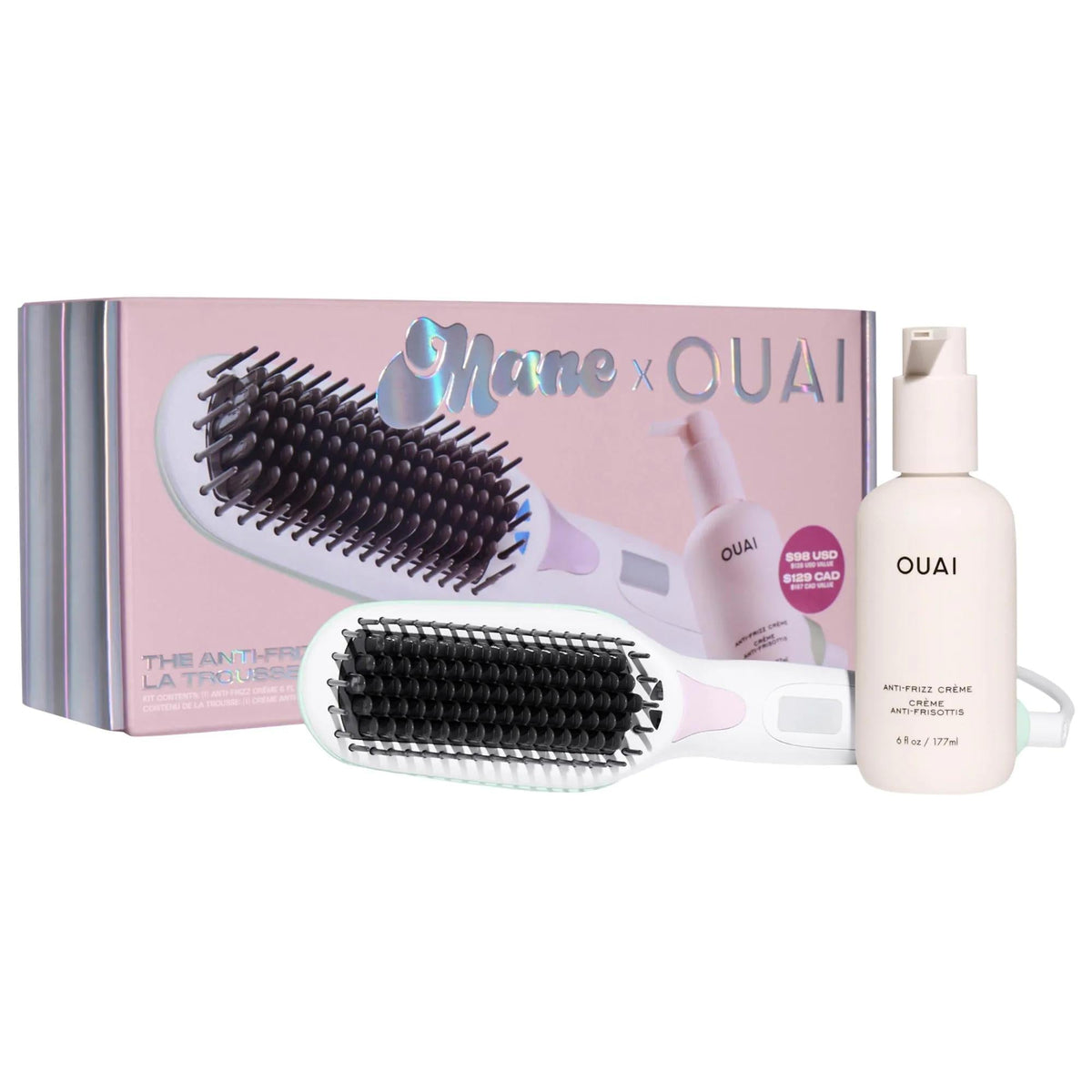 Mane x Ouai anti frizz hair care kit with straightening brush