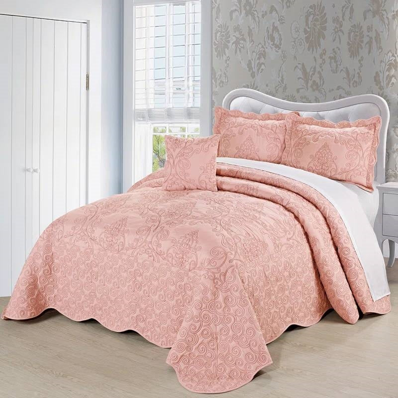 Queen size Dusty Pink Damask Embroidered 4 Piece Oversized Bedspread Set by HomePacific