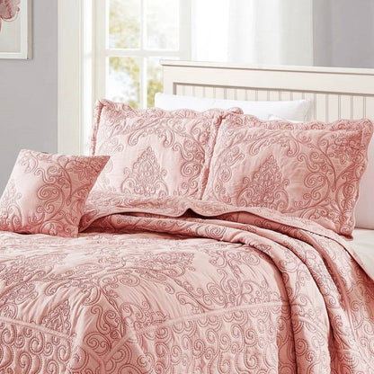 Queen size Dusty Pink Damask Embroidered 4 Piece Oversized Bedspread Set by HomePacific