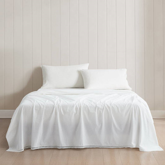 Queen Size 4 Piece 100-Percent Cotton Sheet Set in White with Lace Trim by HomePacific