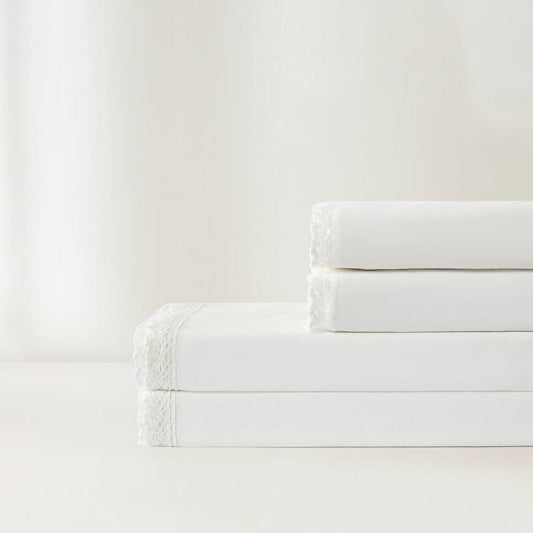Queen Size 4 Piece 100-Percent Cotton Sheet Set in White with Lace Trim by HomePacific
