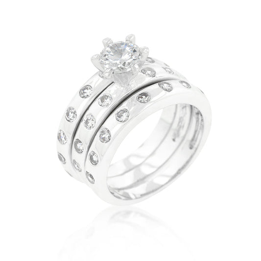 Avera Floral Bezel Set Engagement Ring Set in Silver Tone by Avera Group