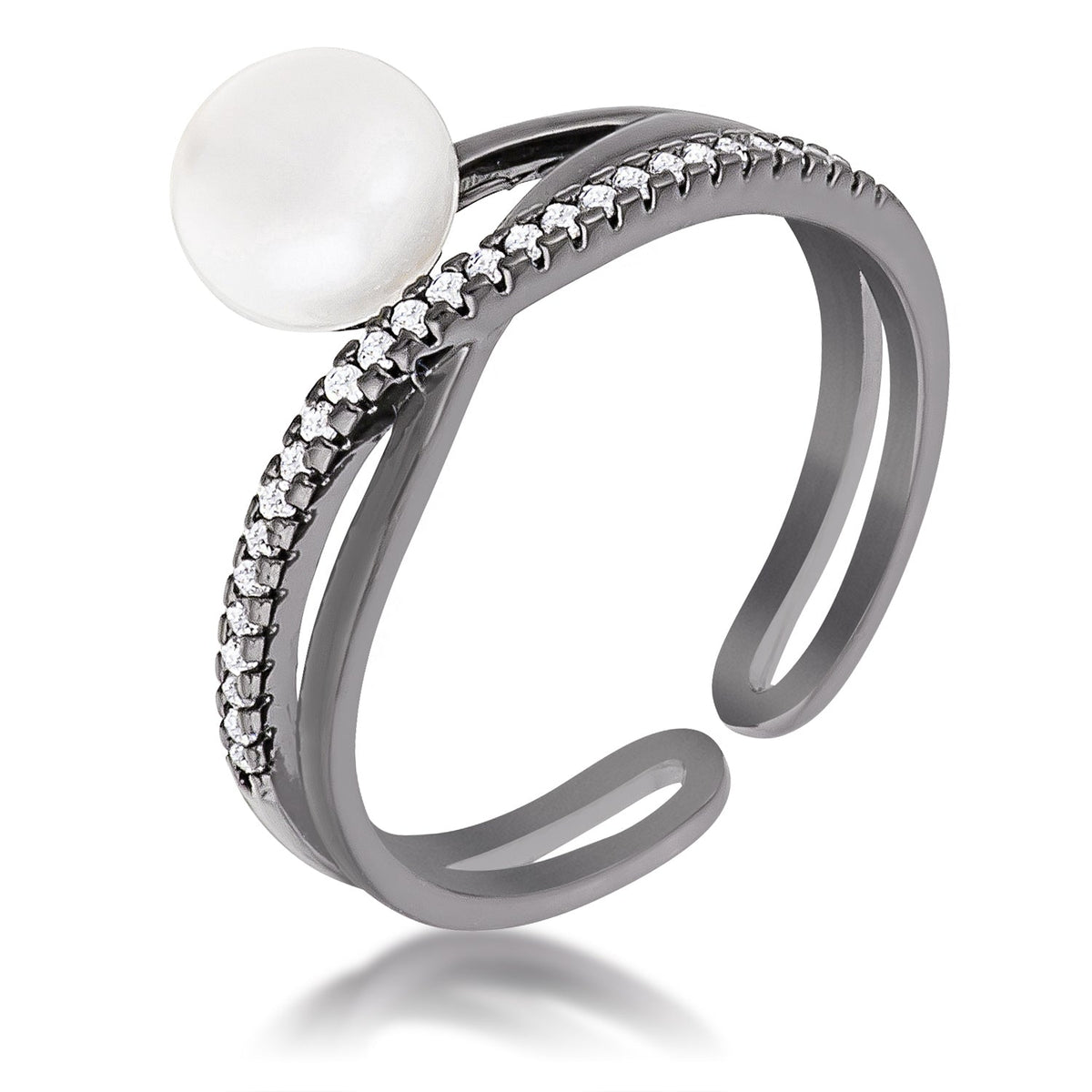Avera Hematite Pearl Ribbon Bypass Half Pave Ring by Avera Group