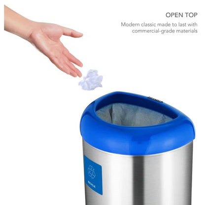 13-gallon stainless steel recycle bin with blue open top, HomePacific, view 3
