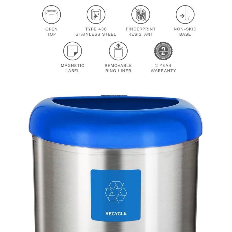 13-gallon stainless steel recycle bin with blue open top, HomePacific, view 4