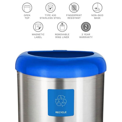 13-gallon stainless steel recycle bin with blue open top, HomePacific, view 4