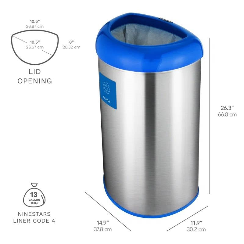 13-gallon stainless steel recycle bin with blue open top, HomePacific, view 5
