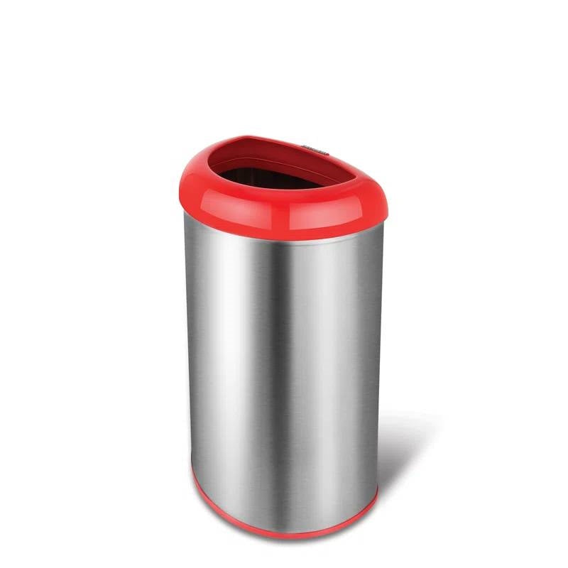 13-gallon stainless steel trash can with red open top, HomePacific, view 2