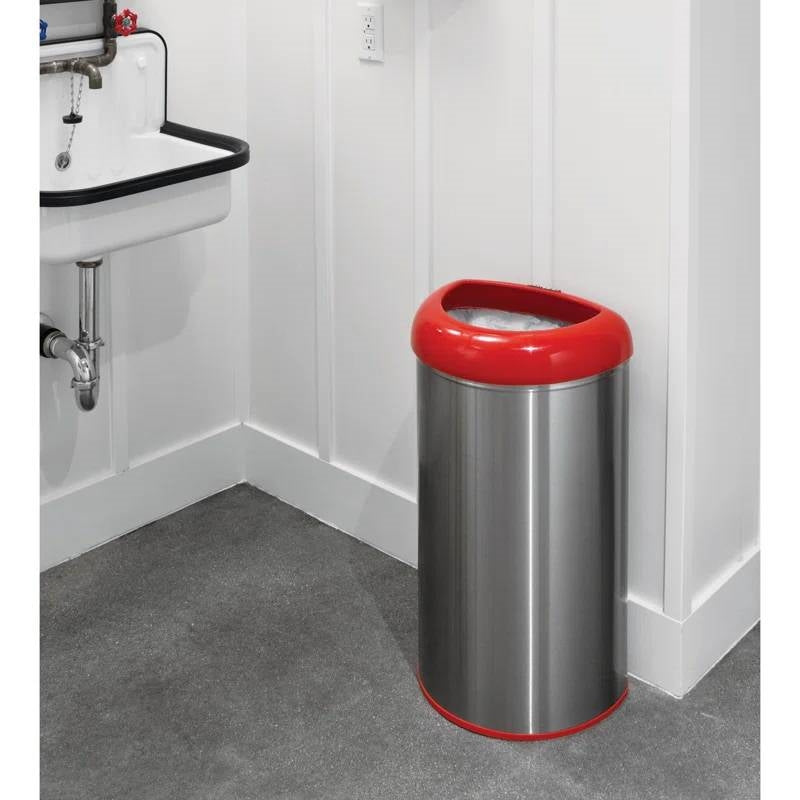 13-gallon stainless steel trash can with red open top, HomePacific, view 3
