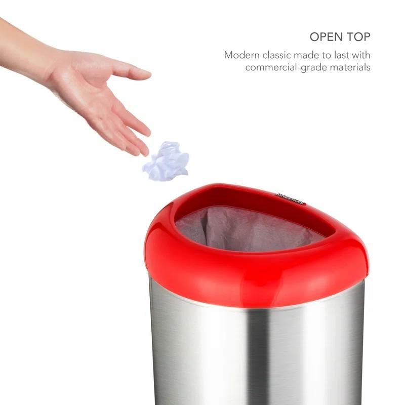 13-gallon stainless steel trash can with red open top, HomePacific, view 4