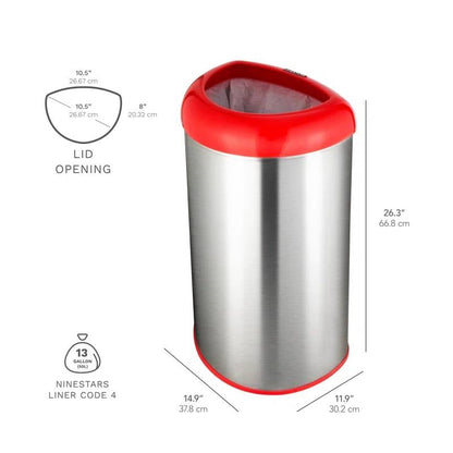 13-gallon stainless steel trash can with red open top, HomePacific, view 5
