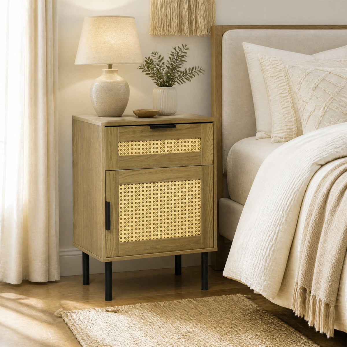 Rattan Nightstand with Drawer and Storage Cabinet by DirectDeals
