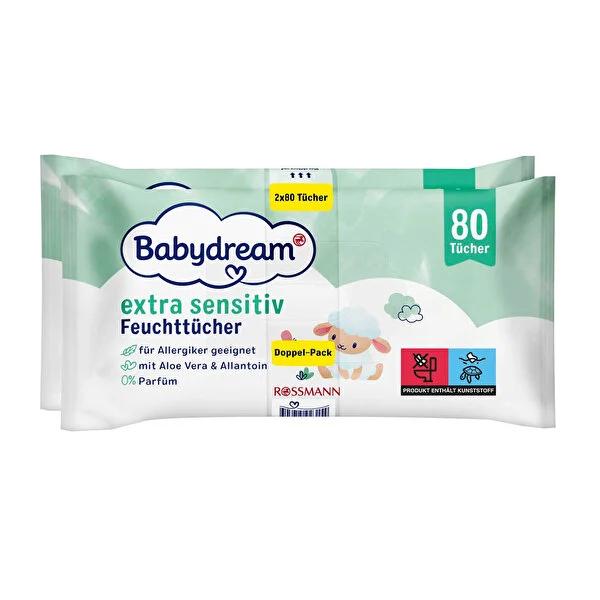 Babydream Baby Wipes for Sensitive Skin - Aloe Vera, Vegan, Hypoallergenic, DAAB Approved - 2*80 Count by Beauty Care Bag