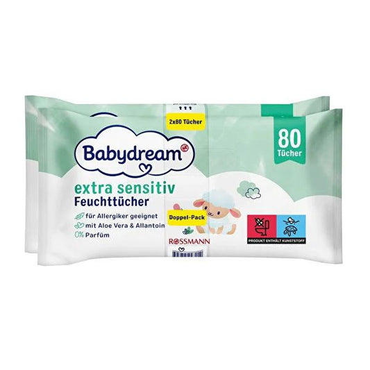 Babydream Baby Wipes for Sensitive Skin - Aloe Vera, Vegan, Hypoallergenic, DAAB Approved - 2*80 Count by Beauty Care Bag