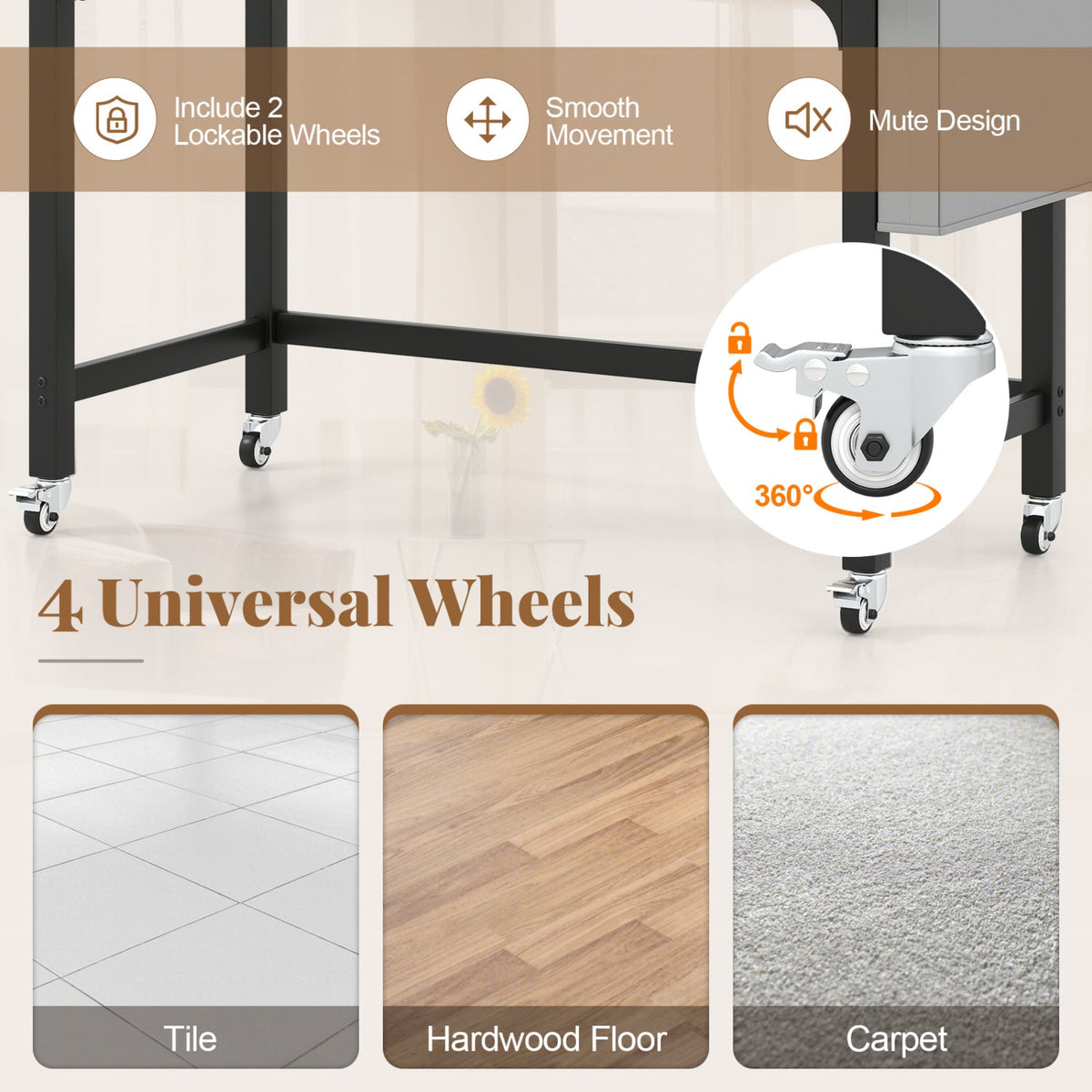 Rolling Computer Desk with Lockable Wheels 48" x 24" by DirectDeals