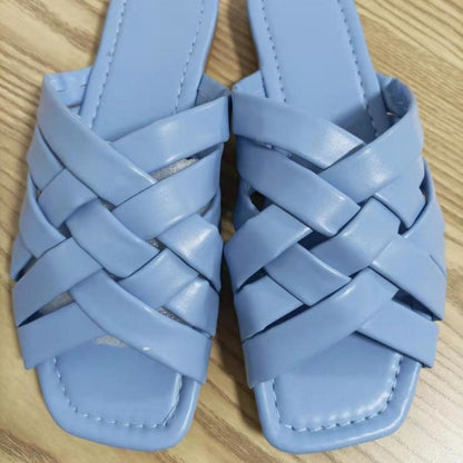 Summer Casual Outdoor Leather Flat Women Slippers Blue/Pink/Beige by Red Iphigenia