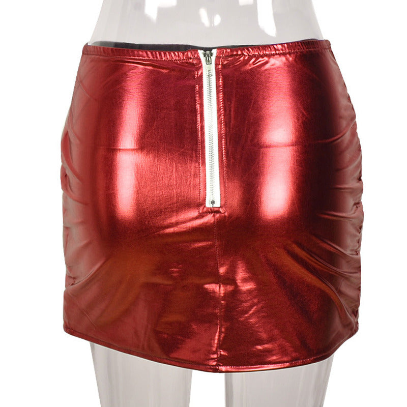 Red Women's Puffer Skirts Metallic Shiny Warm Quilted Mini Skirt by Red Iphigenia