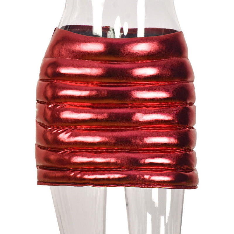 Red Women's Puffer Skirts Metallic Shiny Warm Quilted Mini Skirt by Red Iphigenia