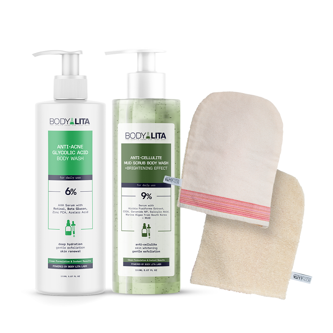 BodyLita Smoothing & Purifying Routine Set, Bath Loofah + Anti-Cellulite Body Wash + Anti-Acne Glycolic Acid Body Wash, 3-Piece Bundle by Beauty Care Bag