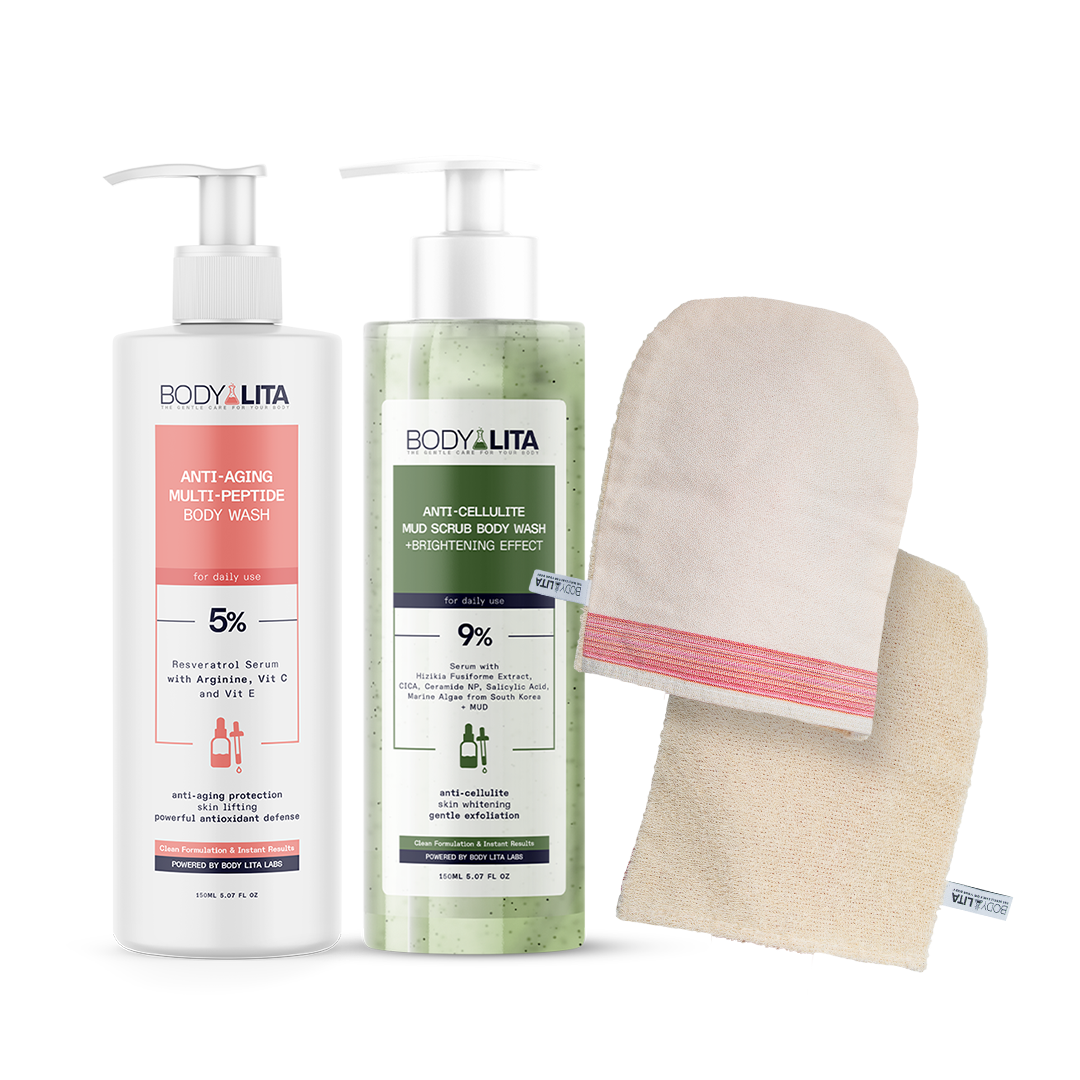 BodyLita Complete Renewal Shower Routine Set, Bath Loofah + Anti-Cellulite Body Wash + Multi-Peptide Body Wash, 3-Piece Bundle by Beauty Care Bag