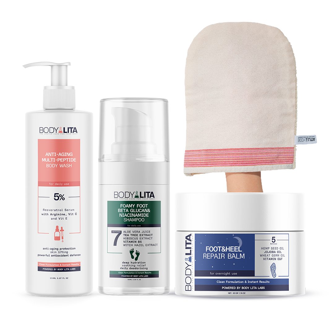 BodyLita Body & Foot Care Routine Set, Anti-Aging Body Wash + Foot Shampoo + Heel Repair Balm Bundle by Beauty Care Bag