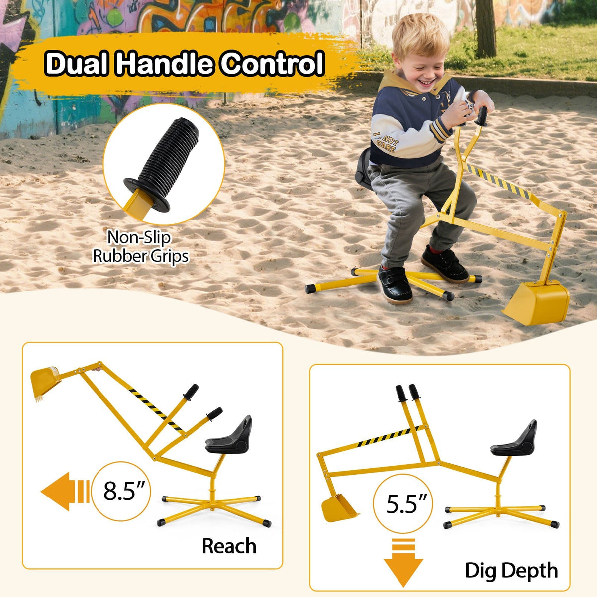 Sand Digger with 2-Handed Controls and Flexible Shovel for 3+ Years Old Kids-Yellow by GBruno Store