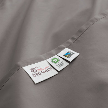 Tag detail of Whisper Organics 300 TC organic sateen pillowcase set in Stone