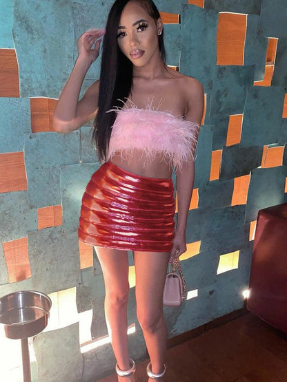 Red Women's Puffer Skirts Metallic Shiny Warm Quilted Mini Skirt by Red Iphigenia