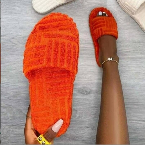Thick Bottom Embossed Cotton Fur Women Slippers by Red Iphigenia