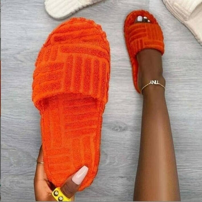 Thick Bottom Embossed Cotton Fur Women Slippers by Red Iphigenia