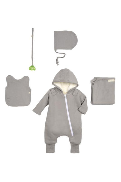 Smart Cuddly Jumpsuit + Bib - Gray by Fuchsia Milo