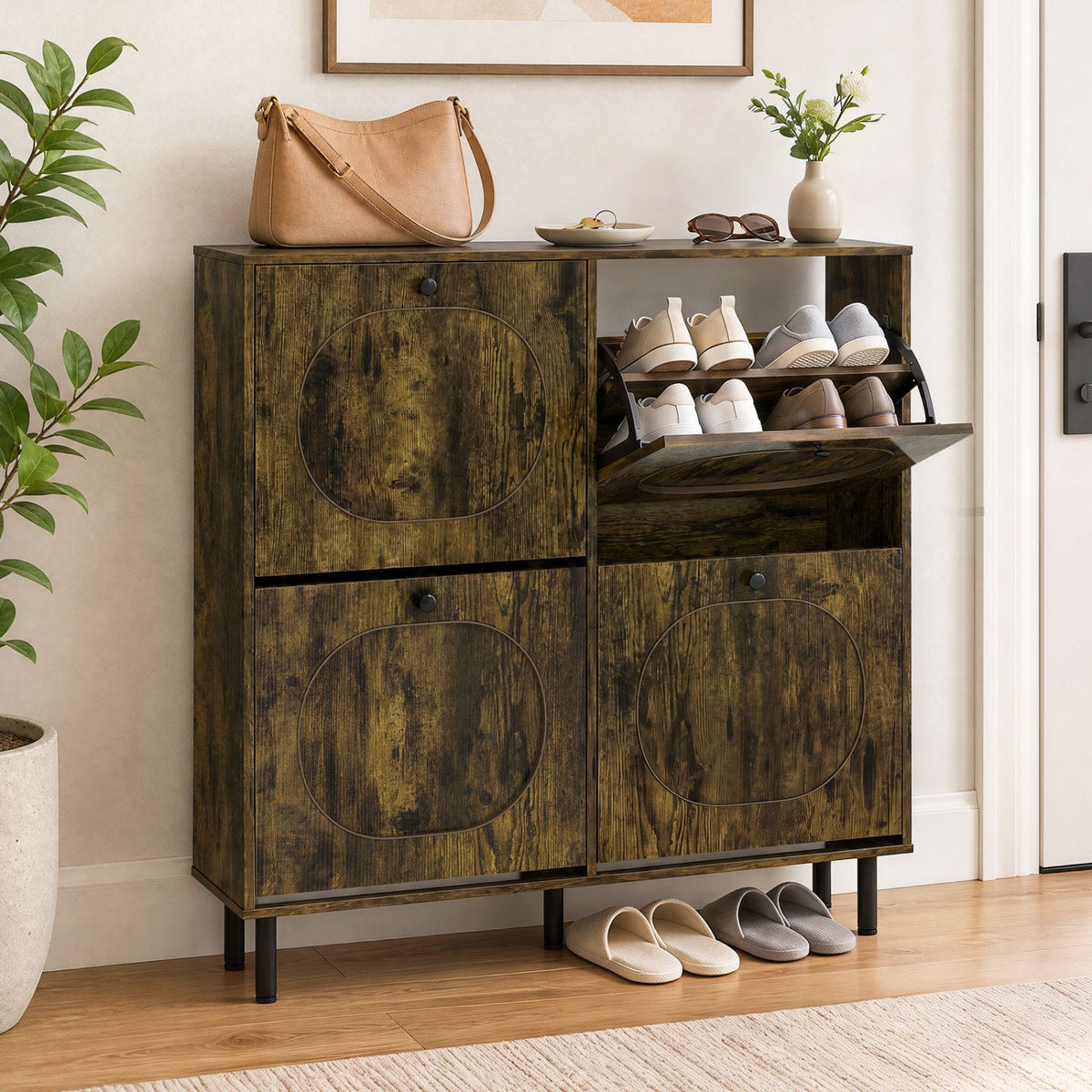 Shoe Storage Cabinet with 4 Flip Drawers - Rustic Brown by DirectDeals