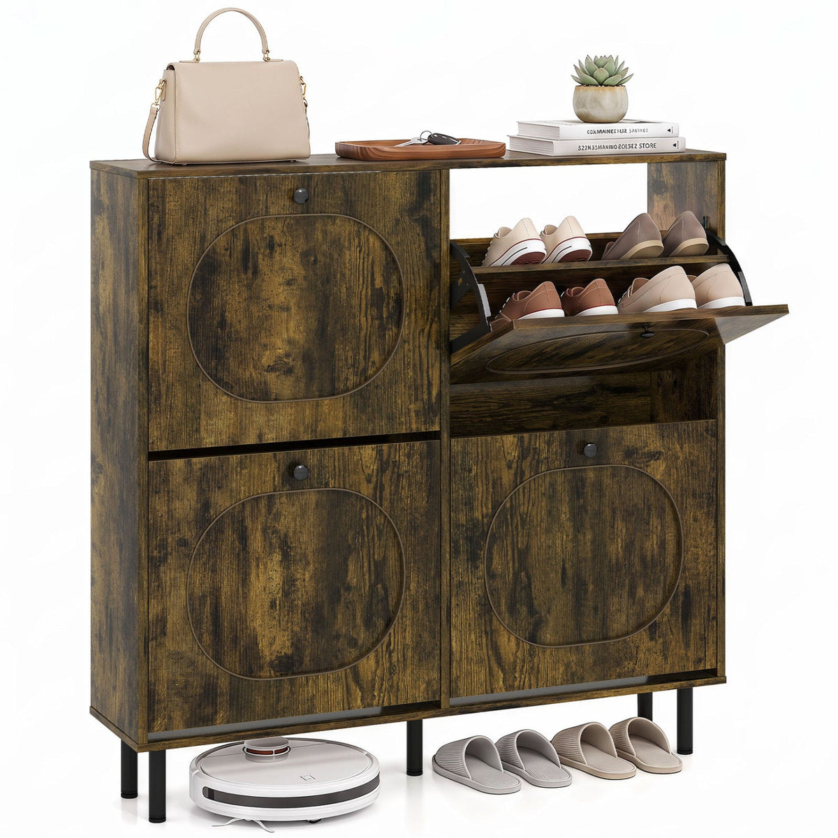 Shoe Storage Cabinet with 4 Flip Drawers - Rustic Brown by DirectDeals