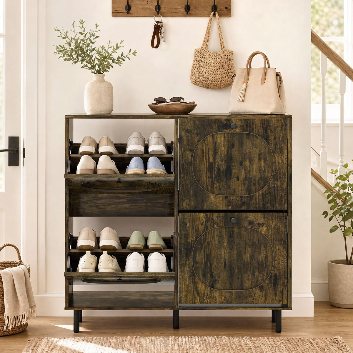 Shoe Storage Cabinet with 4 Flip Drawers - Rustic Brown by DirectDeals