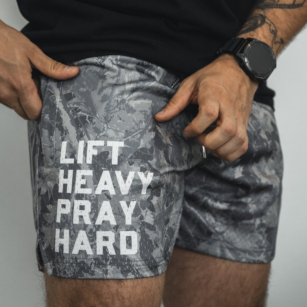 Men's Mesh Lifestyle Shorts | 5.5"- Lift Heavy Pray Hard Deadwood by Tango Charlie Apparel