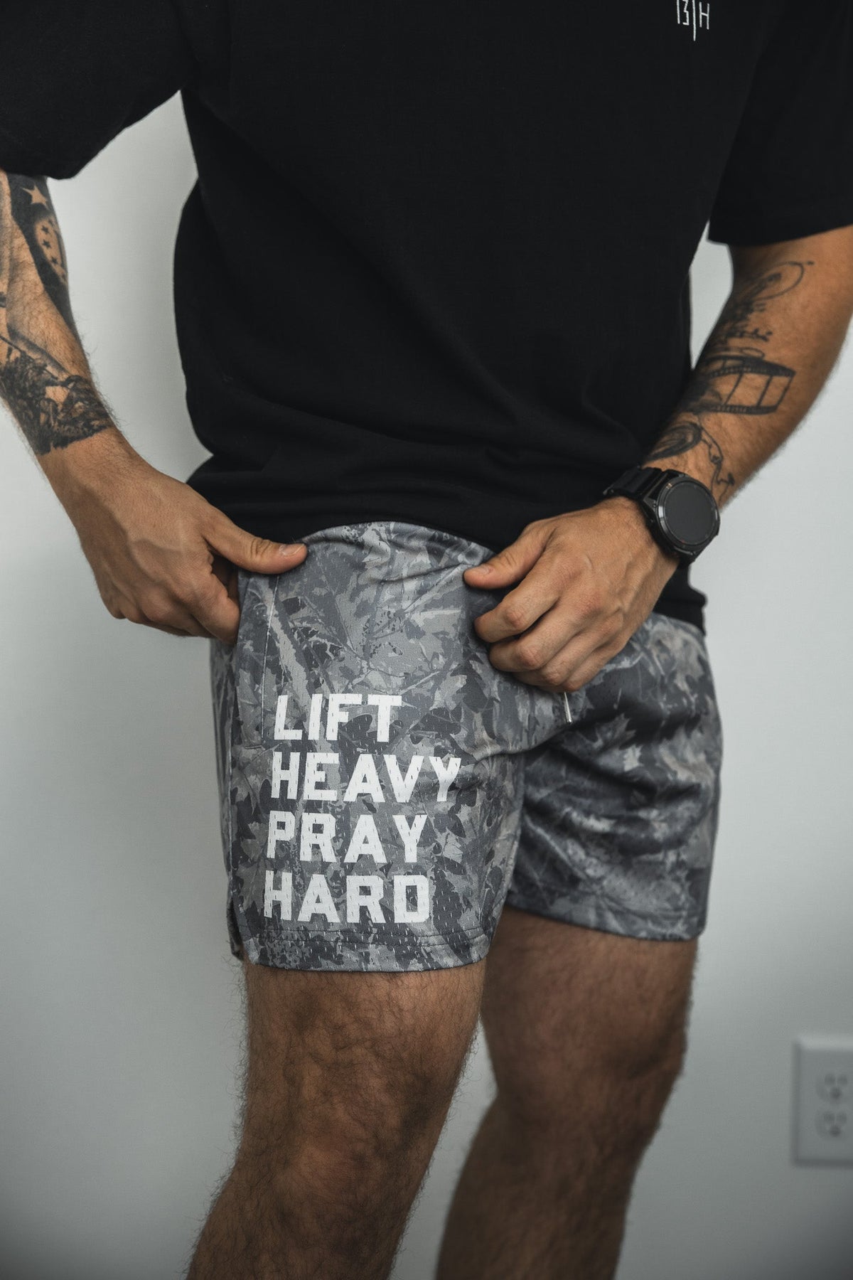 Men's Mesh Lifestyle Shorts | 5.5"- Lift Heavy Pray Hard Deadwood by Tango Charlie Apparel