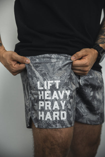 Men's Mesh Lifestyle Shorts | 5.5"- Lift Heavy Pray Hard Deadwood by Tango Charlie Apparel