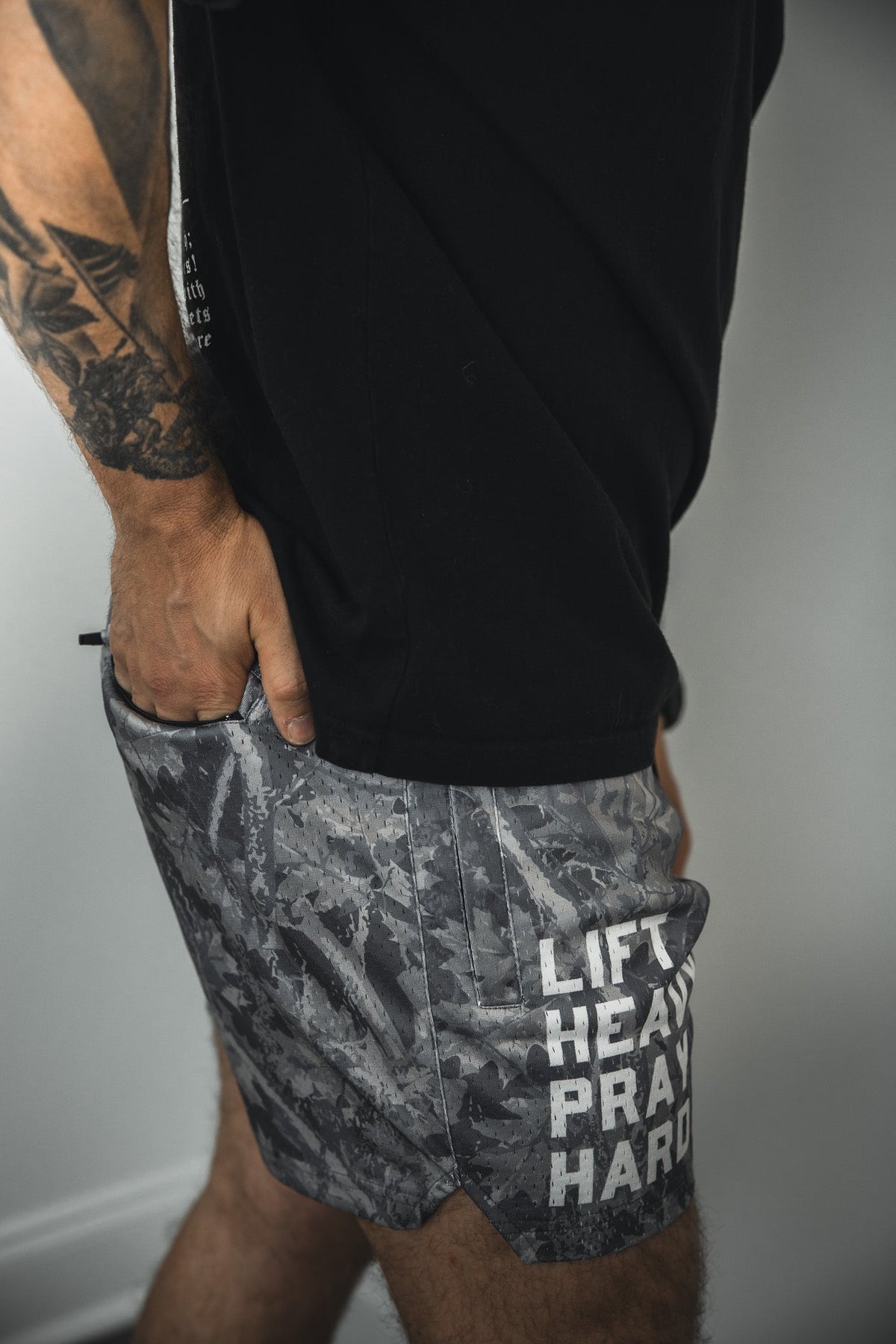 Men's Mesh Lifestyle Shorts | 5.5"- Lift Heavy Pray Hard Deadwood by Tango Charlie Apparel