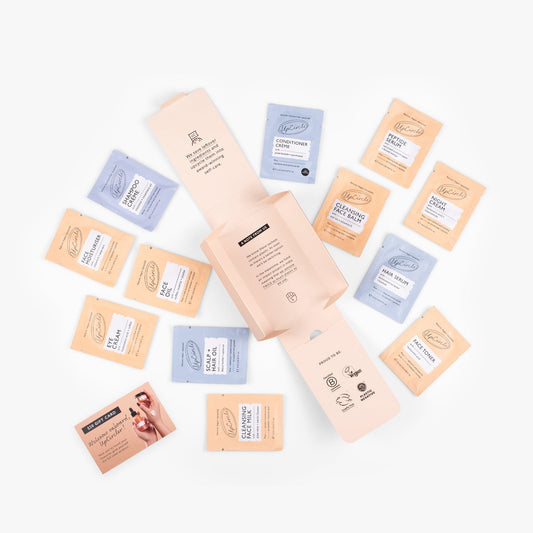 UpCircle Pamper + Gift Kit open box showing sample sachets and cards